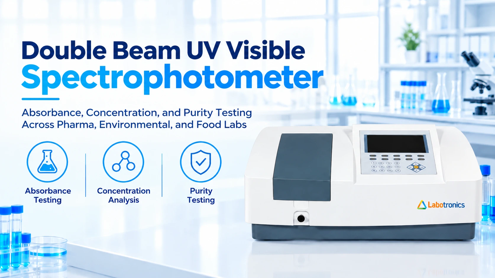 Double Beam UV Visible Spectrophotometer Applications: Absorbance, Concentration, And Purity Testing